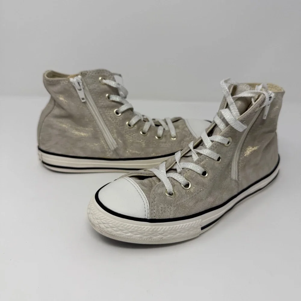 Converse‎ All Star Size 3 Junior Leather Zip High Top Sneakers Beige Gold Youth
